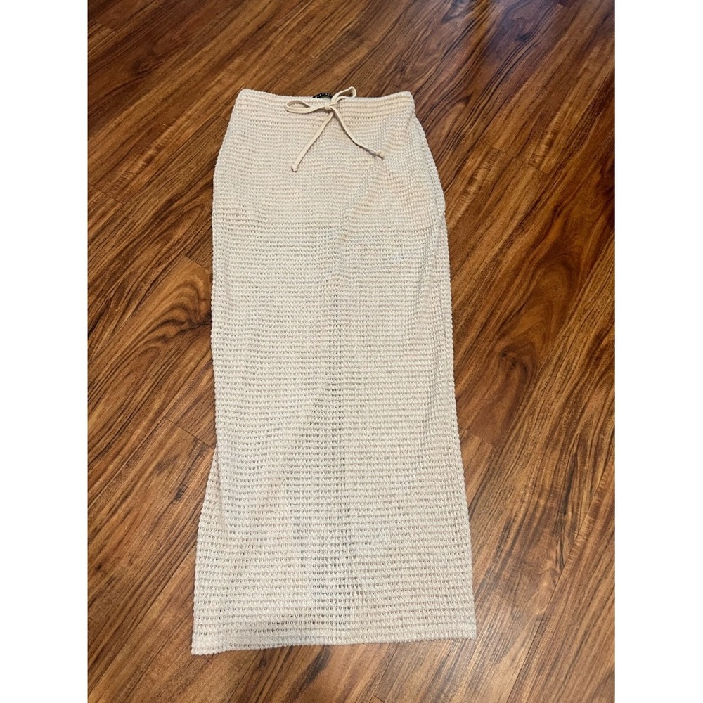 Blue Blush Waffle Knit Maxi Skirt Beige Cream Side Slit Drawstring Size Small